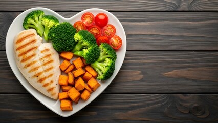 Healthy heart shaped plate with grilled chicken and vegetables on wood