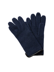 Pair of dark blue knitted winter gloves with a textured pattern isolated on transparent background