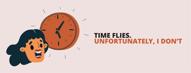 Cartoon vector illustration of woman looking at a wall clock, symbolizing time management, punctuality, and daily routine