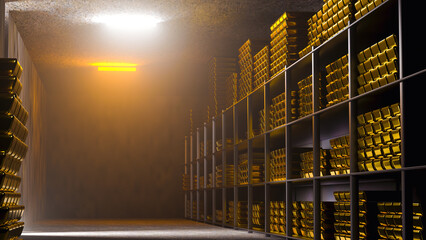 Generic gold reserve vault with stacks of gold bars. Bank vault with gold and cash. 3d rendering