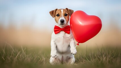Jack russell terrier with red bow tie and heart balloon for valentines day