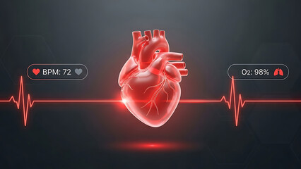 Human heart with digital ecg, vital signs monitor, and health data display.