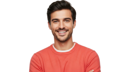 Smiling man in coral sweater with dark hair