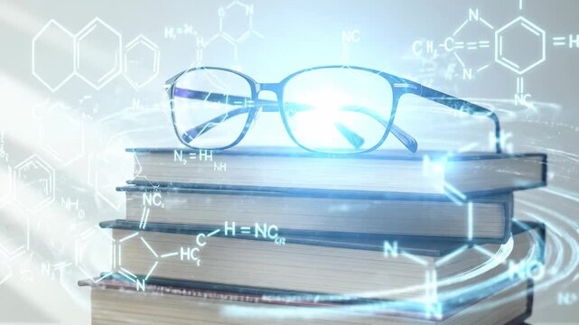 Eyeglasses on stacked science books with chemical formulas and a data visualization ring for educational research