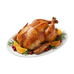 Golden brown roasted chicken with citrus and herbs isolated on transparent background