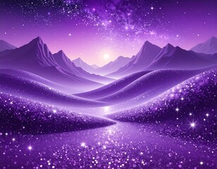 Enchanting purple landscape with stars, galaxy, mountains and sparkling path