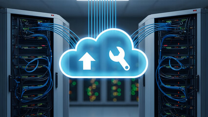Cloud computing infrastructure with server racks for data management and IT support