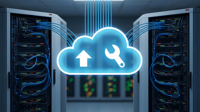 Cloud computing infrastructure with server racks for data management and IT support
