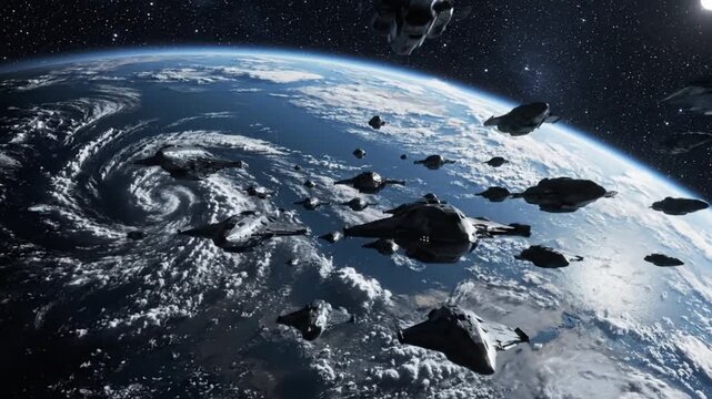 Epic fleet of futuristic spaceships approaching Earth, ready for intergalactic adventure and cinematic storytelling in this dynamic video sequence