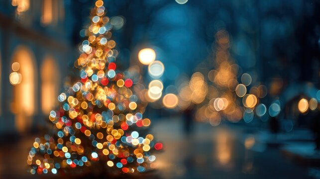 Christmas Magic: Festive Christmas tree twinkling with colorful lights, casting a warm glow, evoking the joy and wonder of the holiday season, with a blurred cityscape in the background.