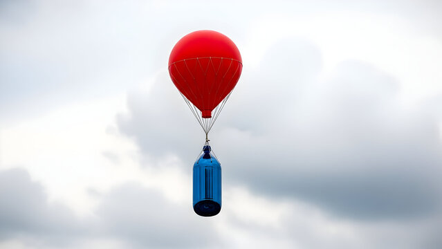 Whimsical red balloon lifting a vibrant blue bottle against a cloudy sky