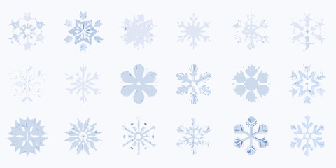 Collection of light blue distressed snowflake designs on white background