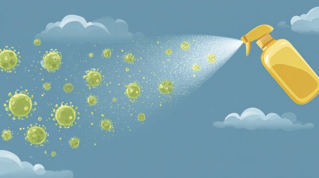 Sanitizing Solution in Action: An illustrative image depicts the forceful spray of a sanitizer bottle neutralizing a cloud of harmful viral particles.