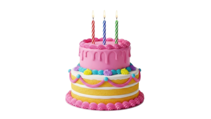 Two-Tiered Birthday Cake with Colorful Decorations and Candles