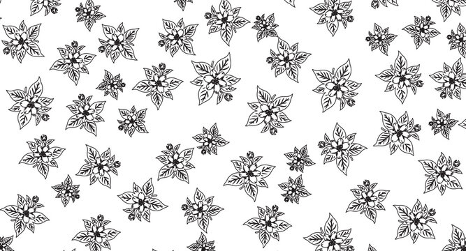 Floral Pattern Black and White Flowers, Leaves, Buds, Outlines, Doodles for Seamless Wallpaper. Perfect for Backgrounds, Textiles, and Arts and Crafts projects, 169 characters