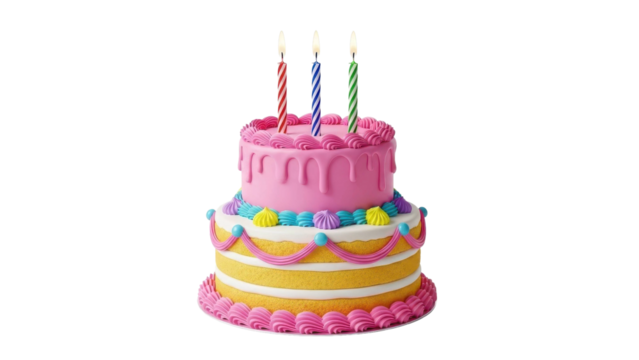 Two-Tiered Birthday Cake with Colorful Decorations and Candles - Powered by Adobe
