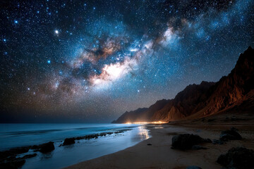 Starry Night Sky Over a Tranquil Ocean Beach