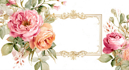Elegant vintage floral frame with pink and peach roses and ornate gold border