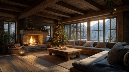 Cozy Cabin Interior: A warm, inviting interior of a rustic cabin, a crackling fireplace, a Christmas tree, and panoramic views of a snow-covered mountain landscape.