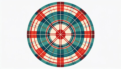 Circular tartan pattern with red teal and cream plaid design on white background circle