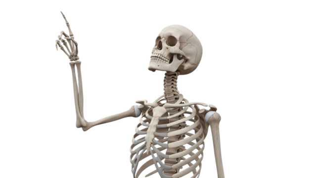 Anatomical skeleton pointing upwards on black background