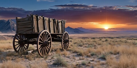 Un chariot en bois de style western abandonn&eacute; dans une plaine d&eacute;sertique, avec coucher du soleil en arri&egrave;re-plan.