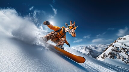 Une girafe d&eacute;valant une piste de ski en snowboard, v&ecirc;tue d'une combinaison orange, dans une station de haute montagne, style cin&eacute;matographique, image avec espace pour texte.