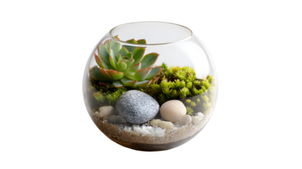 A glass terrarium with a succulent plant moss stones and sand on a black background in bright light