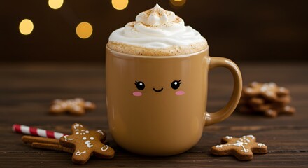 Enjoy a warm cozy Christmas drink with gingerbread cookies and a cute mug, perfect for sharing holiday cheer and festive moments with loved ones during the winter season