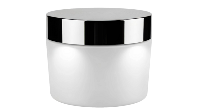 White cosmetic jar with shiny silver lid
