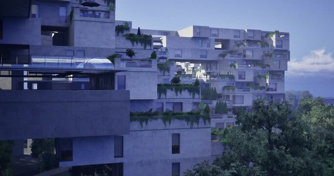 Stunning residential complex showcases innovative architecture with lush green terraces. The structure harmonizes with nature in a serene urban environment during twilight hours.