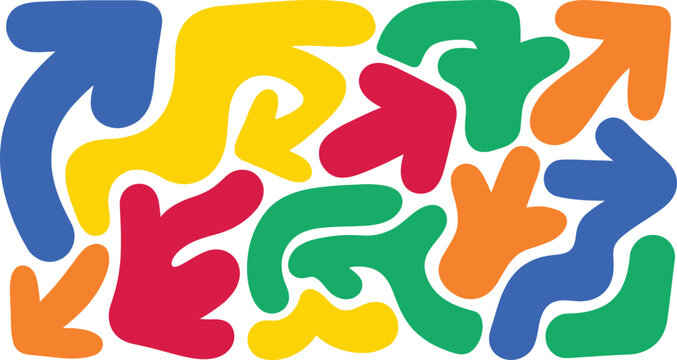 Vibrant abstract organic shapes and arrows in a playful pattern of bright primary and secondary colors on a white background