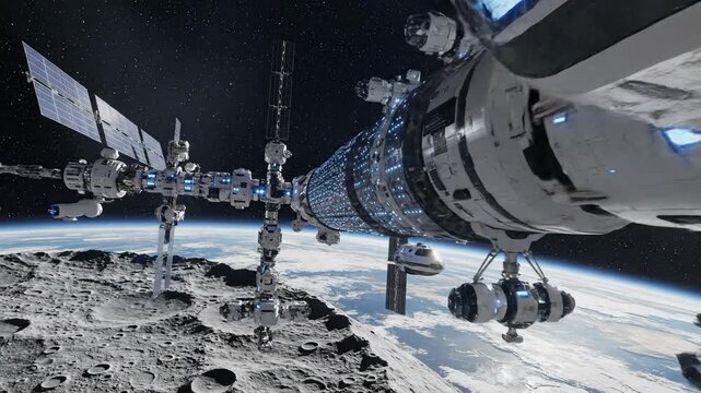 Modular space station above moon and Earth