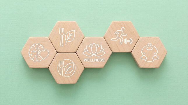 Arrangement of wooden hexagons showcases iconic health elements such as nutritious food, brain health, physical activity, community connection, and balanced wellness.