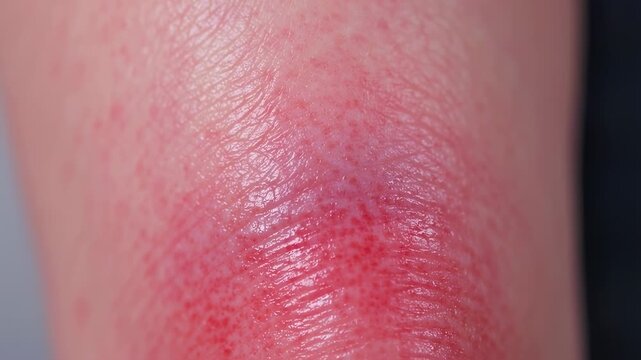 A close-up view of inflamed skin with red, dotted, and textured areas