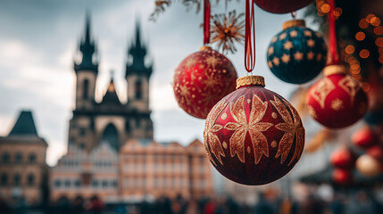Obraz premium Prague Christmas Market Ornaments Hanging Over Historic Skyline in a Magical Winter Evening Scene