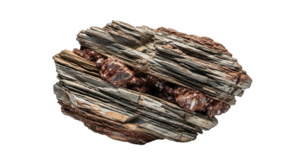 Layered rock formation with red crystal inclusions