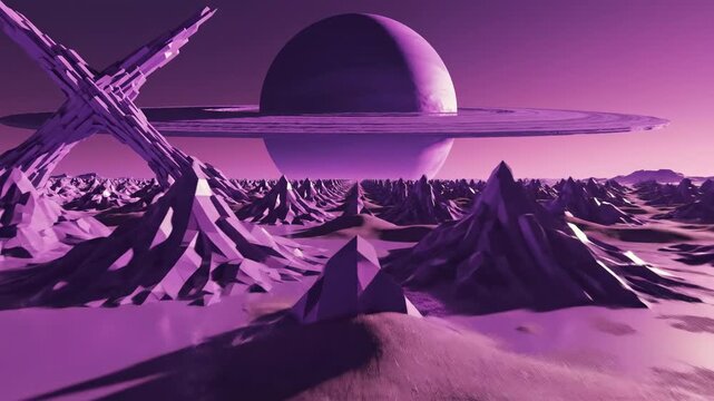 Conceptual aerial view of an endless, repeating geometric desert landscape with sharp, impossible angles under a bizarre purple twilight sky abstract, geometric, science fiction