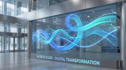 A large translucent display showing flowing blue digital data weaves through the architecture of a modern building, conveying digital transformation.