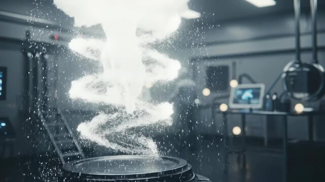 Virtual man dissolving into particles on a platform in a futuristic lab. Digital avatar disappearing with light. Future technology, scifi concept.