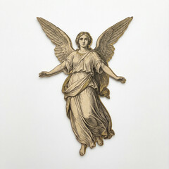 A beautiful vintage illustration of a flying angel with large wings. A classic, spiritual raster image with a retro engraving style on a white background.
