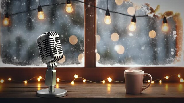 Vintage microphone and coffee cup on wooden table near window with winter snow, cozy podcast background.