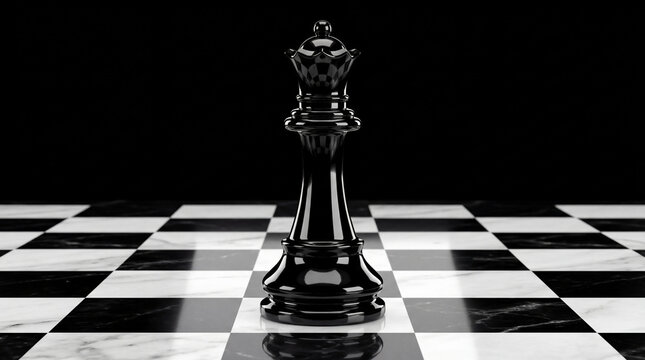 A black queen chess piece stands out against a checkered game board. The queen reflects on the surface, surrounded by darkness. - Powered by Adobe