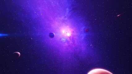 A cosmic vista of a nebula with planets, stars, and celestial events in shades of purple and blue