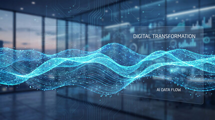 Visualize advanced technology concept with shimmering blue waves of data flowing through a futuristic office space, representing innovation and connectivity.