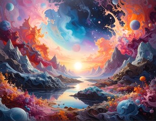 Fantasy landscape with cosmic sky and planets with vibrant colors illustration