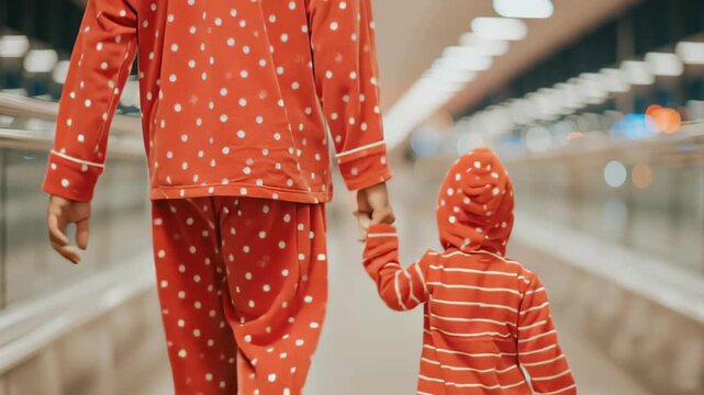 Parent and child in matching pajamas walking in airport