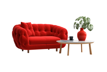 Red Velvet Tufted Armchair and Modern Side Table isolated on a transparent background