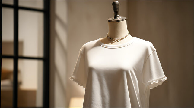 A simple but elegant tee shirt fashioned by a mannequin in a boutique (3) - Powered by Adobe