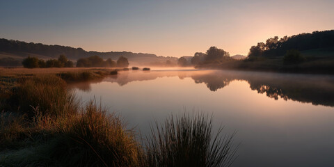 Obraz premium Golden mist rises above reflective wetland bordered by distant gentle hills.